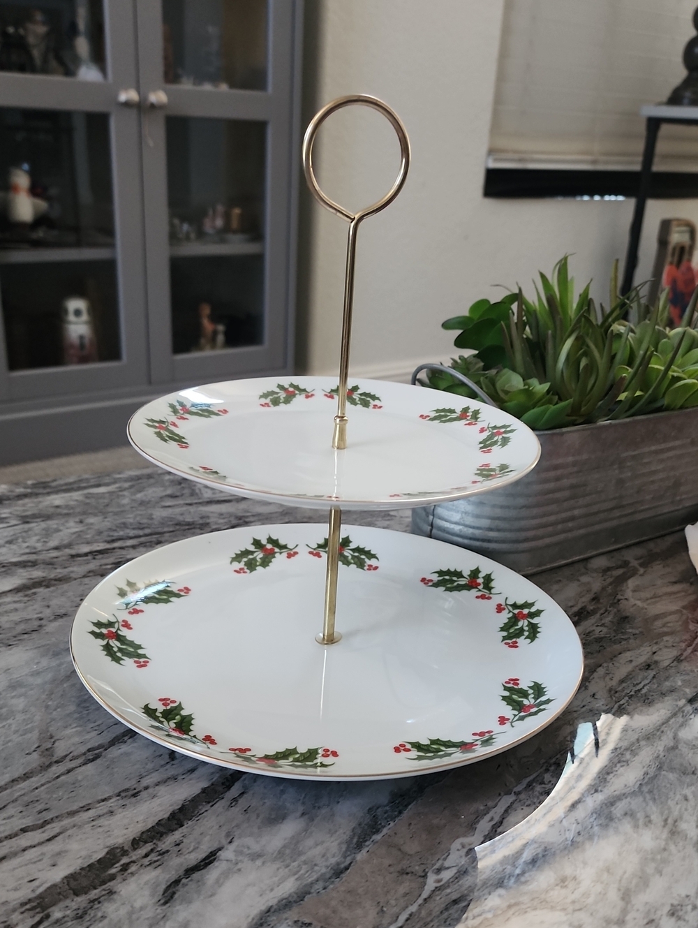 Porcelain Two-Tier Dessert Holiday Server Vintage. Mervyns Brand, 1980s